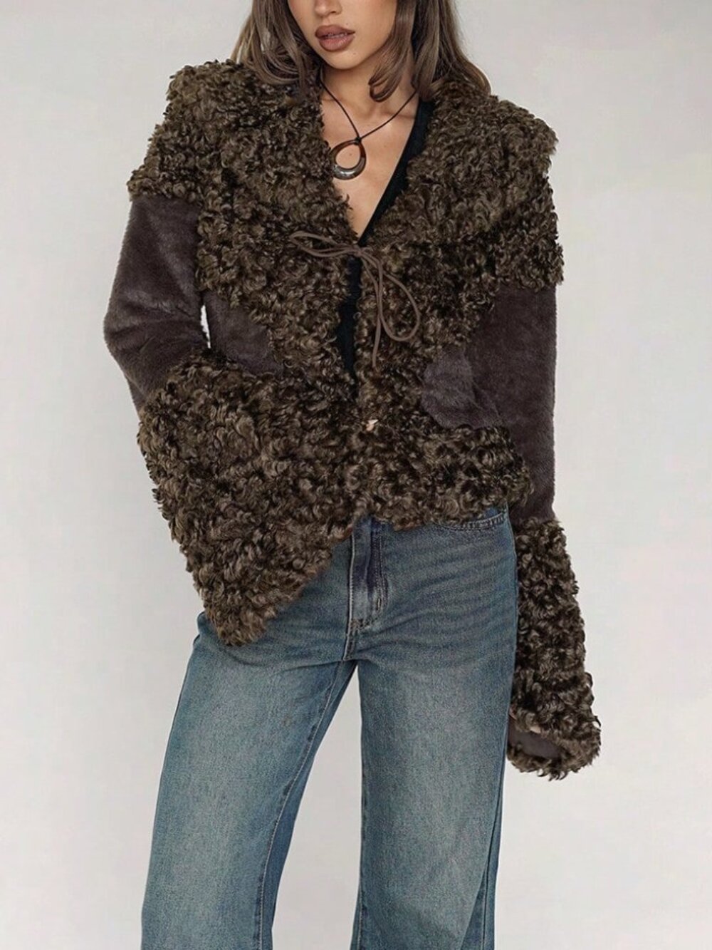Brown Casual Women's Curly Faux Fur Collar Patchwork Open Front Short Jacket - Picture 4 of 6
